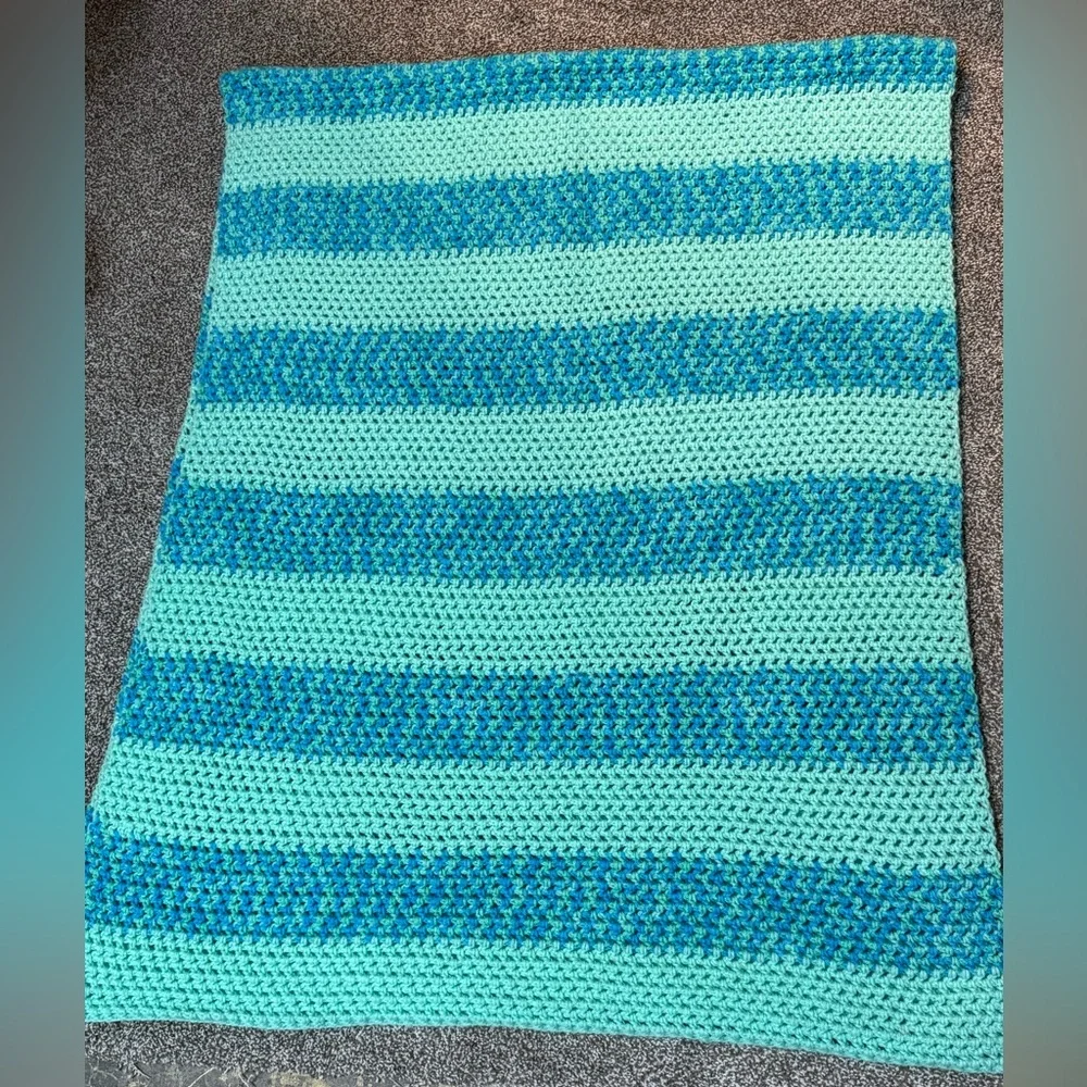 New Handcrafted 81 x 33 Afghan Multicolored Greens and Blues